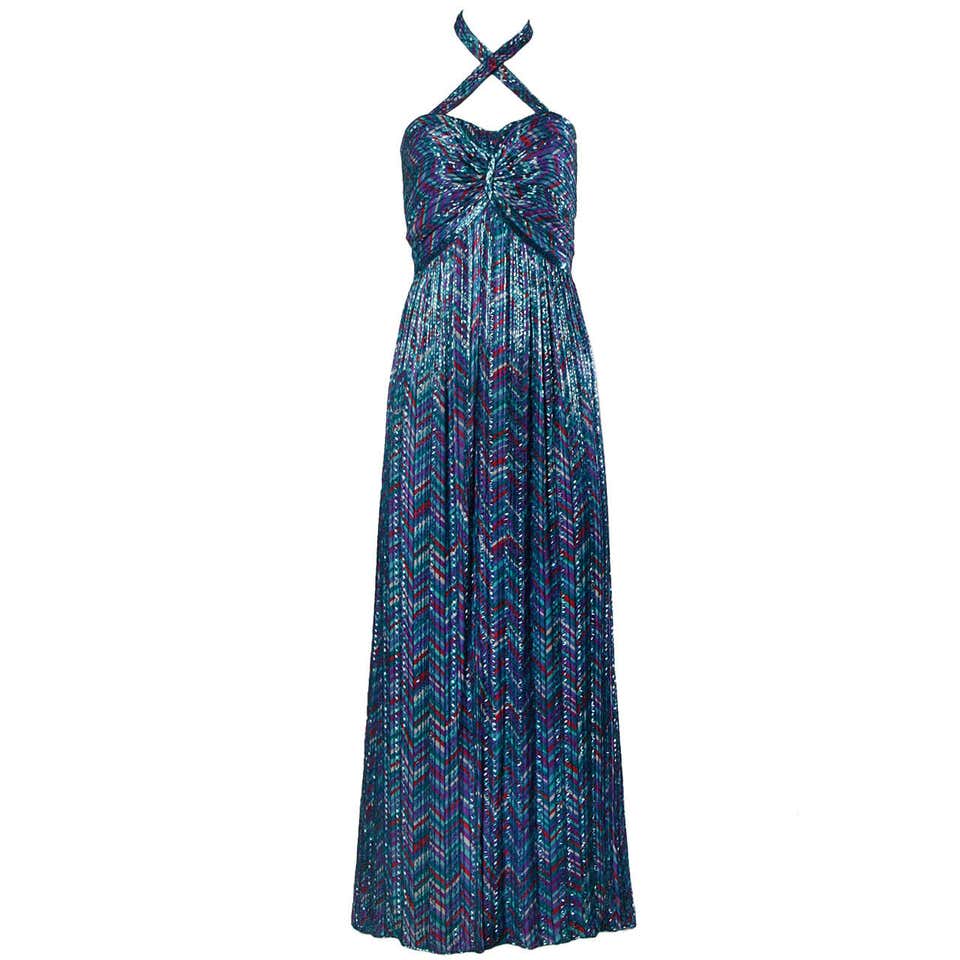 Bob Mackie Blue Sequin Feather Gown For Sale at 1stDibs