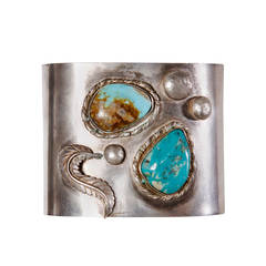 Native American Vintage 1970s Sterling Silver Turquoise Cuff Bracelet 2