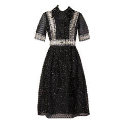 Oscar del la Renta Retro 1960s Black Silk Metallic Eyelash Dress