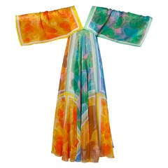 La Vetta Vintage 1970s Full Sweep Chiffon Rainbow Print Maxi Dress