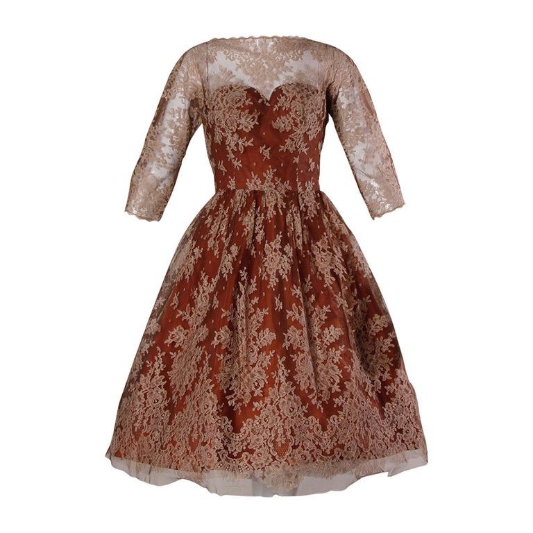 Dreamy 1950s Vintage Brown Tulle Chantilly Lace Cocktail Dress at ...