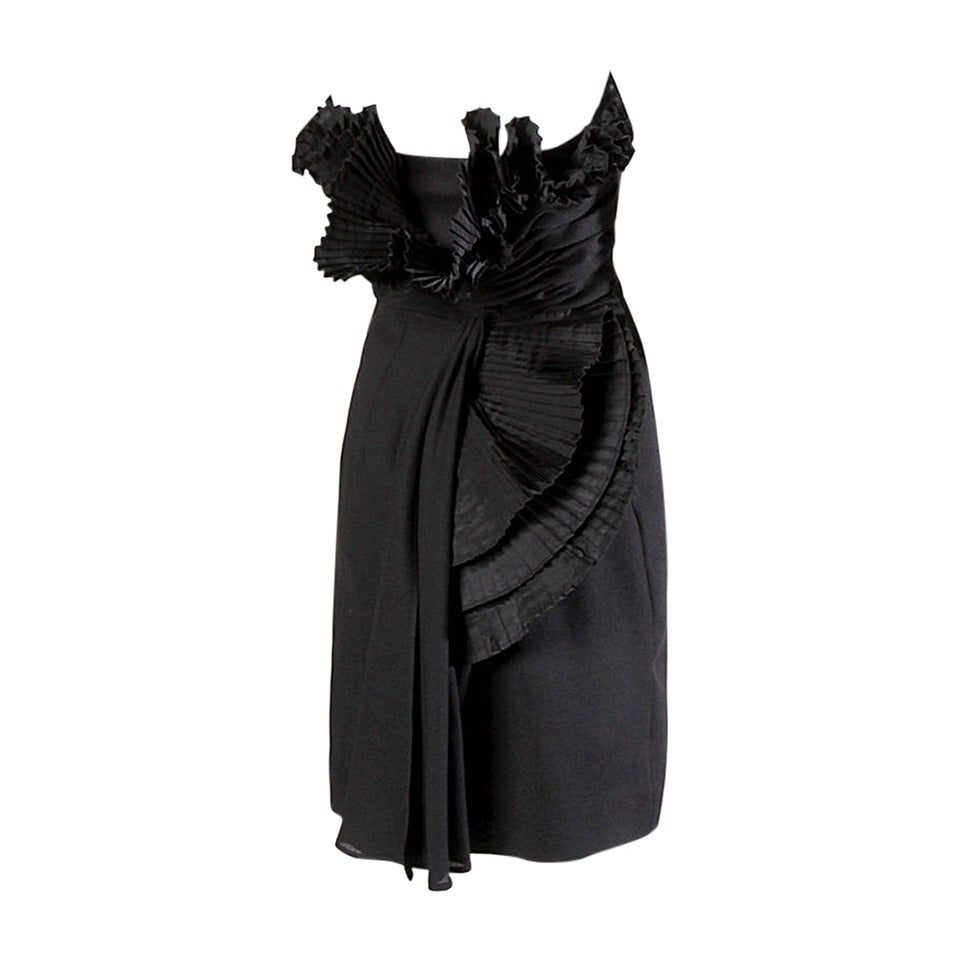 Victor Costa Vintage Black Origami Pleated Avant Garde Strapless Dress For Sale