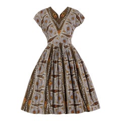 Vintage Screen Print Cotton Patio Dress with a Full Sweep, 1950s 