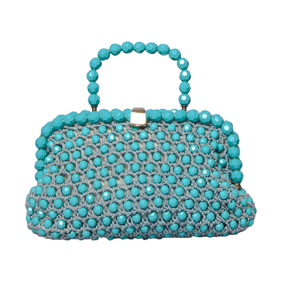 Harry Rosenfeld Vintage 1960s Blue Beaded Cord Bag or Purse at 1stDibs