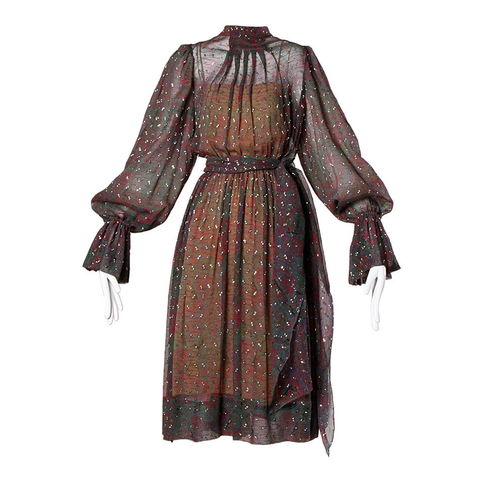 Pauline Trigere Vintage 1970s Metallic Silk 3-Piece Dress + Sash