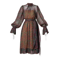 Pauline Trigere Vintage 1970s Metallic Silk 3-Piece Dress + Sash