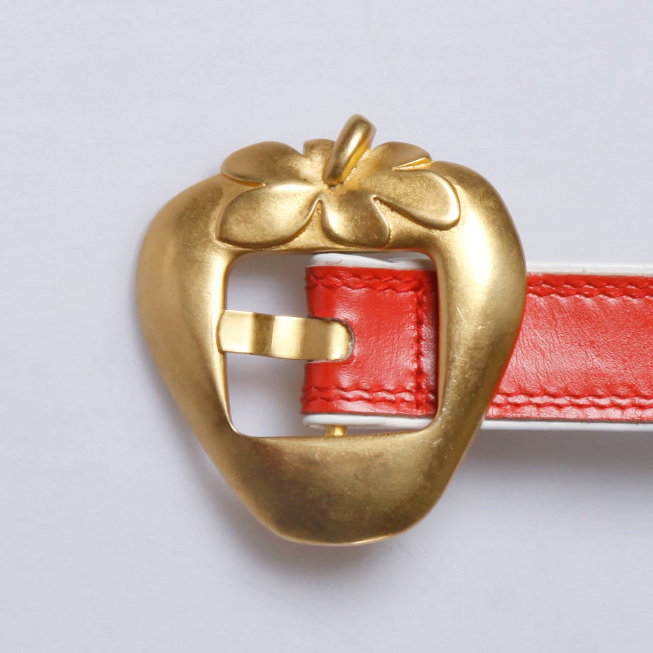 Escada Vintage Red Leather Belt with gold tone strawberry buckle In Excellent Condition In Sparks, NV