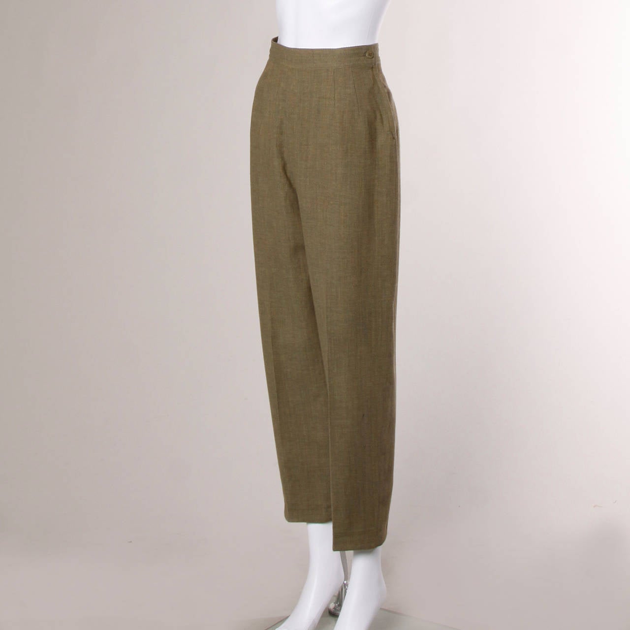 Valentino Vintage High Waisted Khaki Wool Trousers In Excellent Condition In Sparks, NV