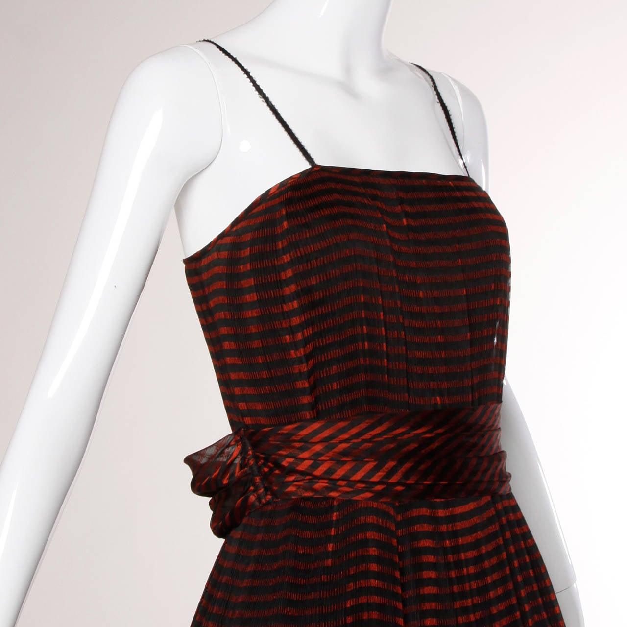 Black Vintage 1940s Irridescent Crystal Pleated Red Stripe Dress + Wrap