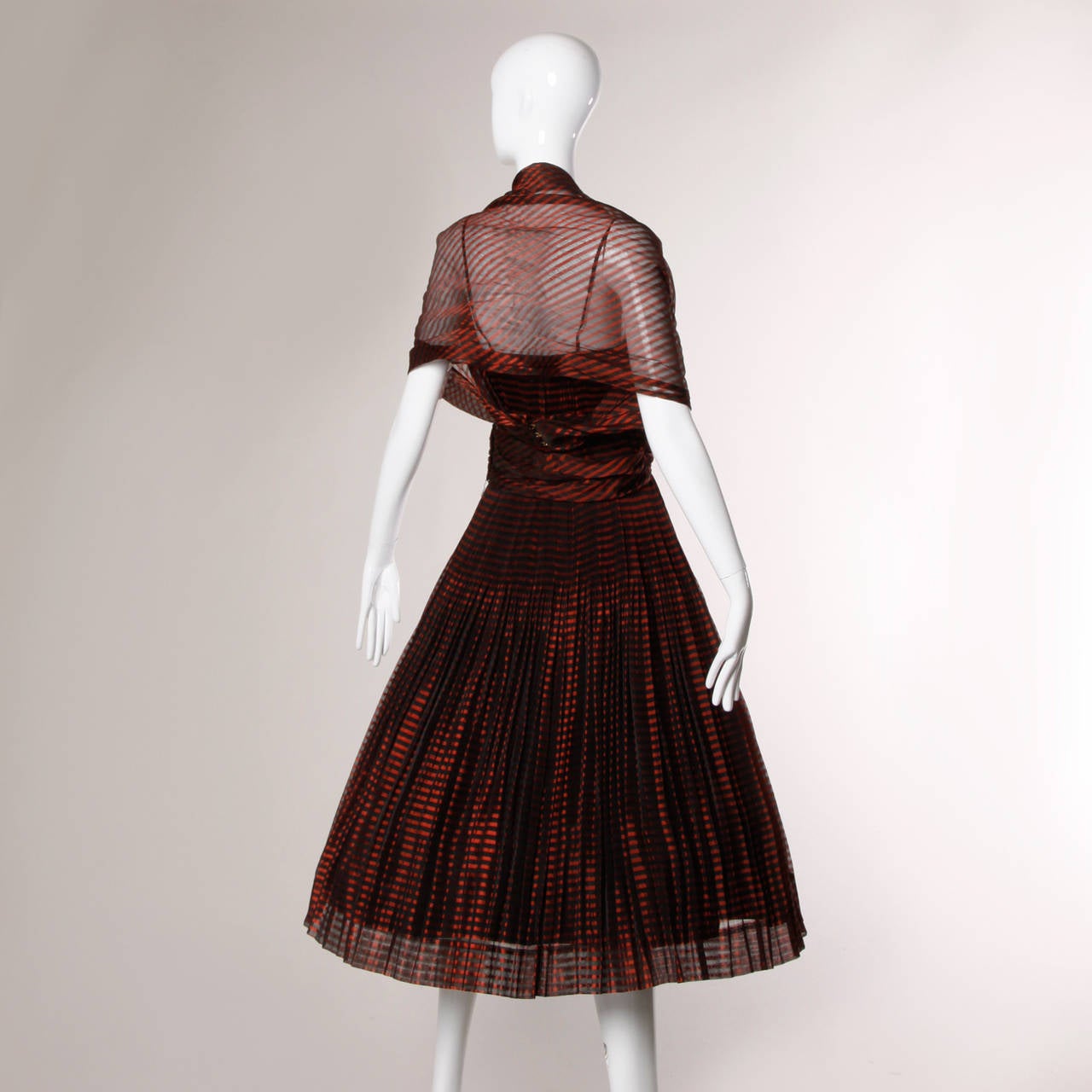 Women's Vintage 1940s Irridescent Crystal Pleated Red Stripe Dress + Wrap