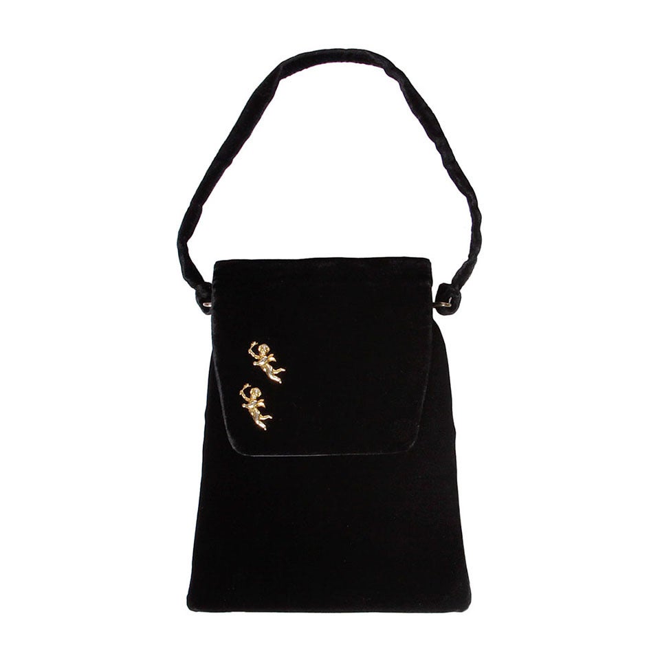 Rosenfeld Vintage 1960s Black Silk Velvet Hand Bag with Cherubs