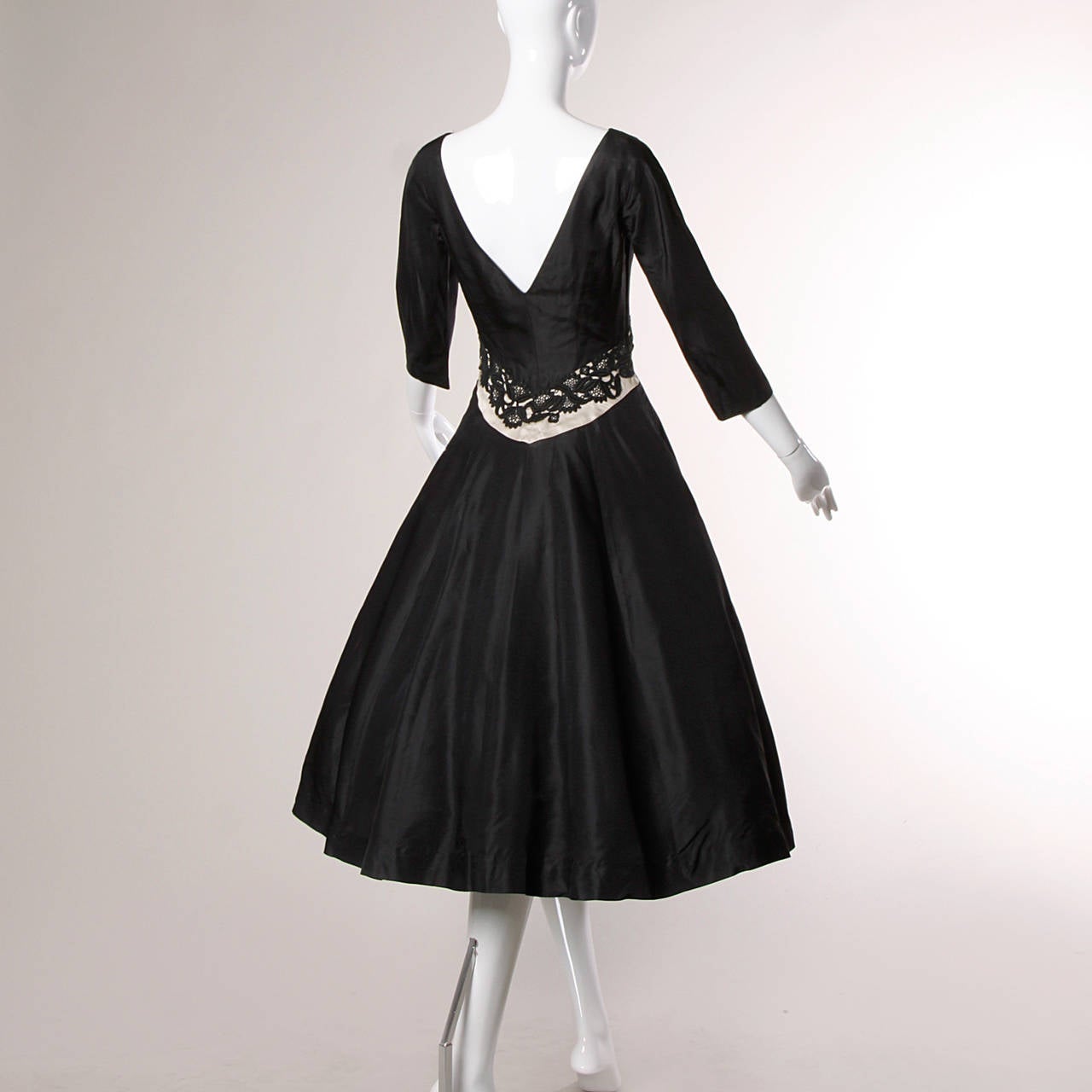 David Hart Vintage 1950s Black Silk Cocktail Dress with Lace Trim 2