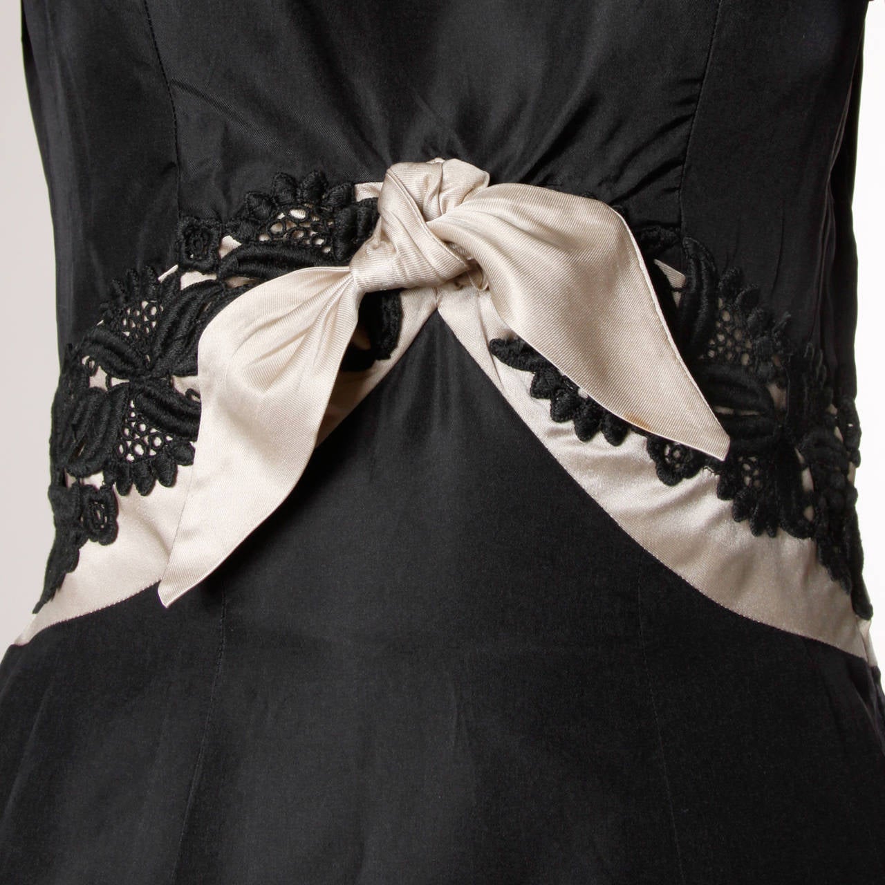 David Hart Vintage 1950s Black Silk Cocktail Dress with Lace Trim 1