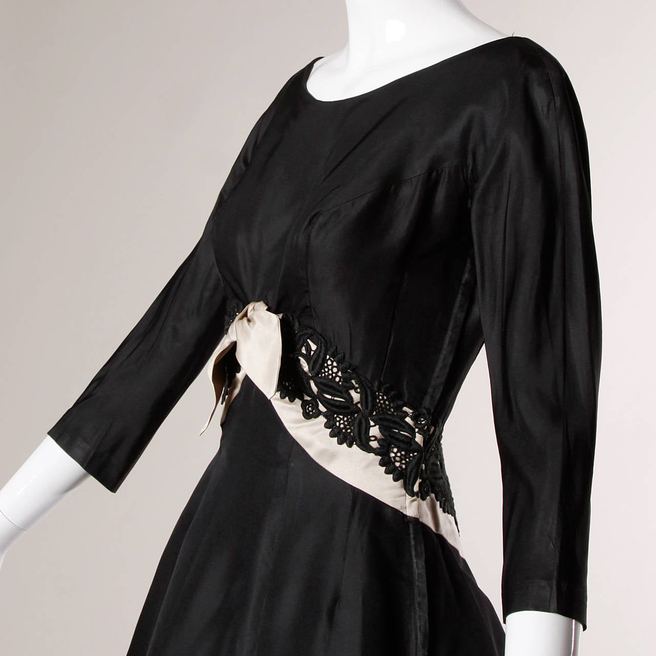 Women's David Hart Vintage 1950s Black Silk Cocktail Dress with Lace Trim