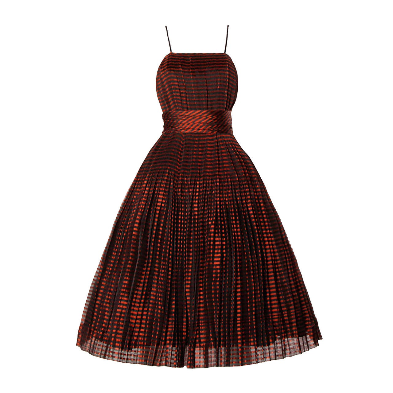 Vintage 1940s Irridescent Crystal Pleated Red Stripe Dress + Wrap