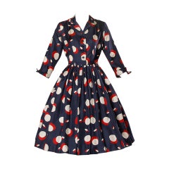 1950s New Look Vintage Polka Dot Print Silk Dress with a Full Sweep