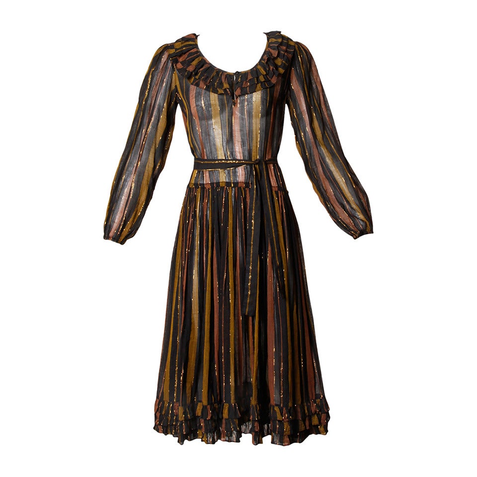Adini Vintage 1970s India Sheer Metallic Cotton Gauze Dress + Sash