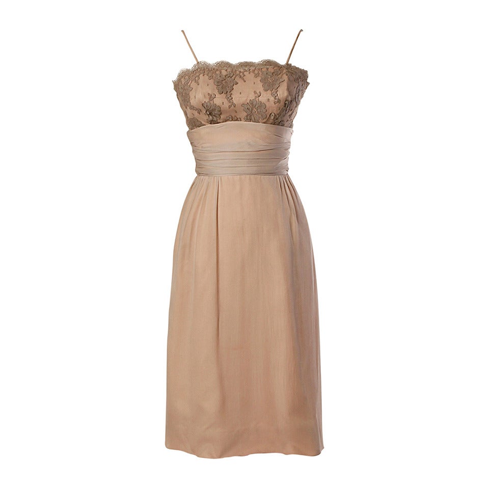 Edith Flagg Vintage 1960s Nude Illusion Silk + Lace Cocktail Dress
