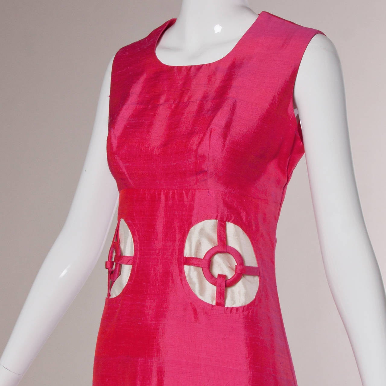 Incredible vintage 1960s fuchsia pink silk dupioni maxi dress with hand cut out 