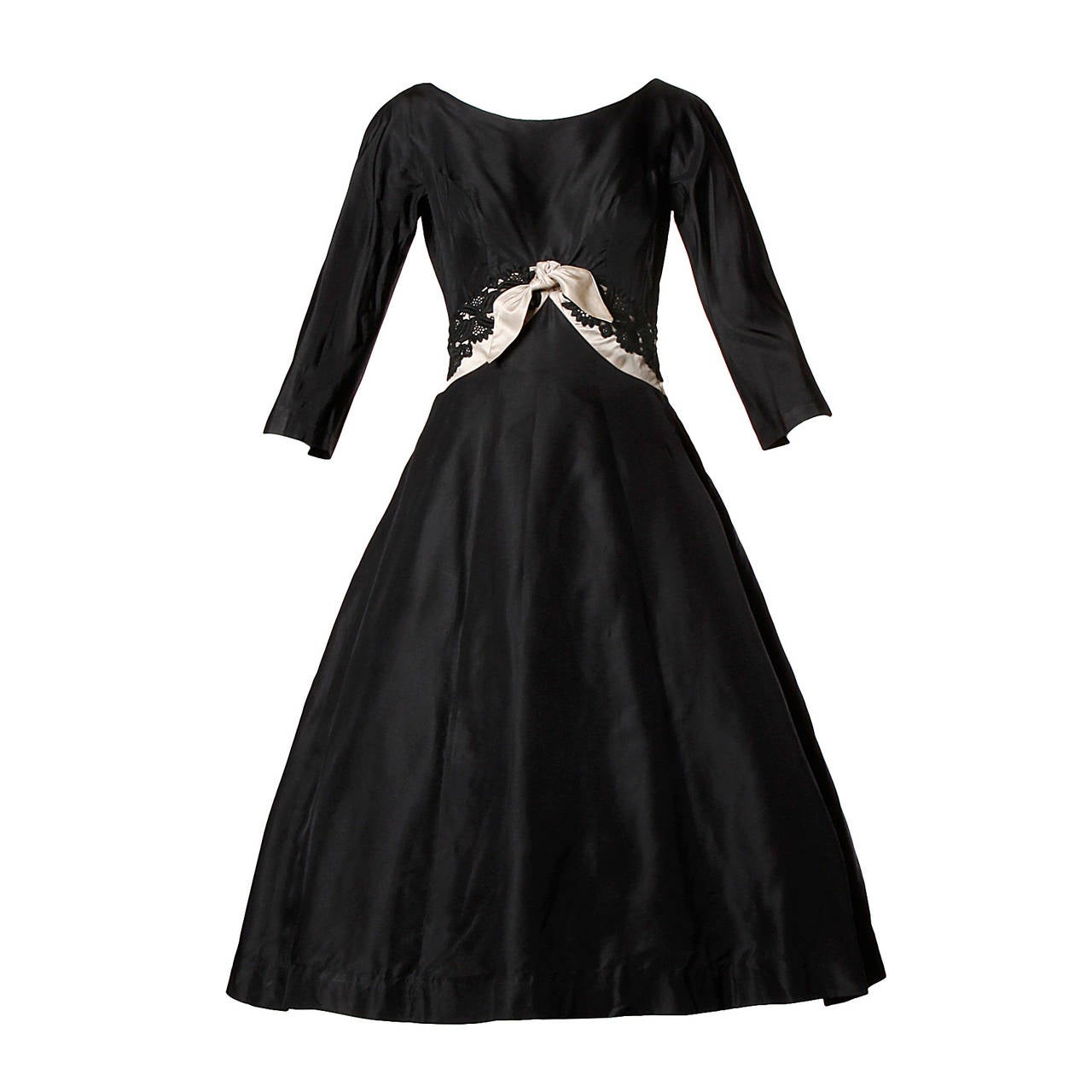 David Hart Vintage 1950s Black Silk Cocktail Dress with Lace Trim