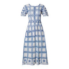 1940s Vintage Blue & White Hand Crochet Dress + Belt