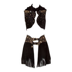 Raro Conjunto de 3 piezas Kathrine Baumann Vintage Falda de flecos de cuero con tachuelas