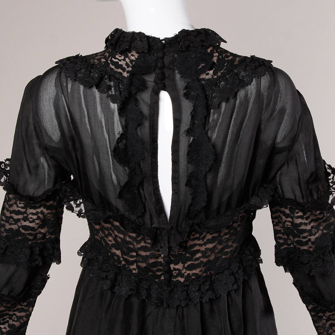 Women's Sarmi 1960s Vintage Black Nude Illusion Lace + Silk Dress