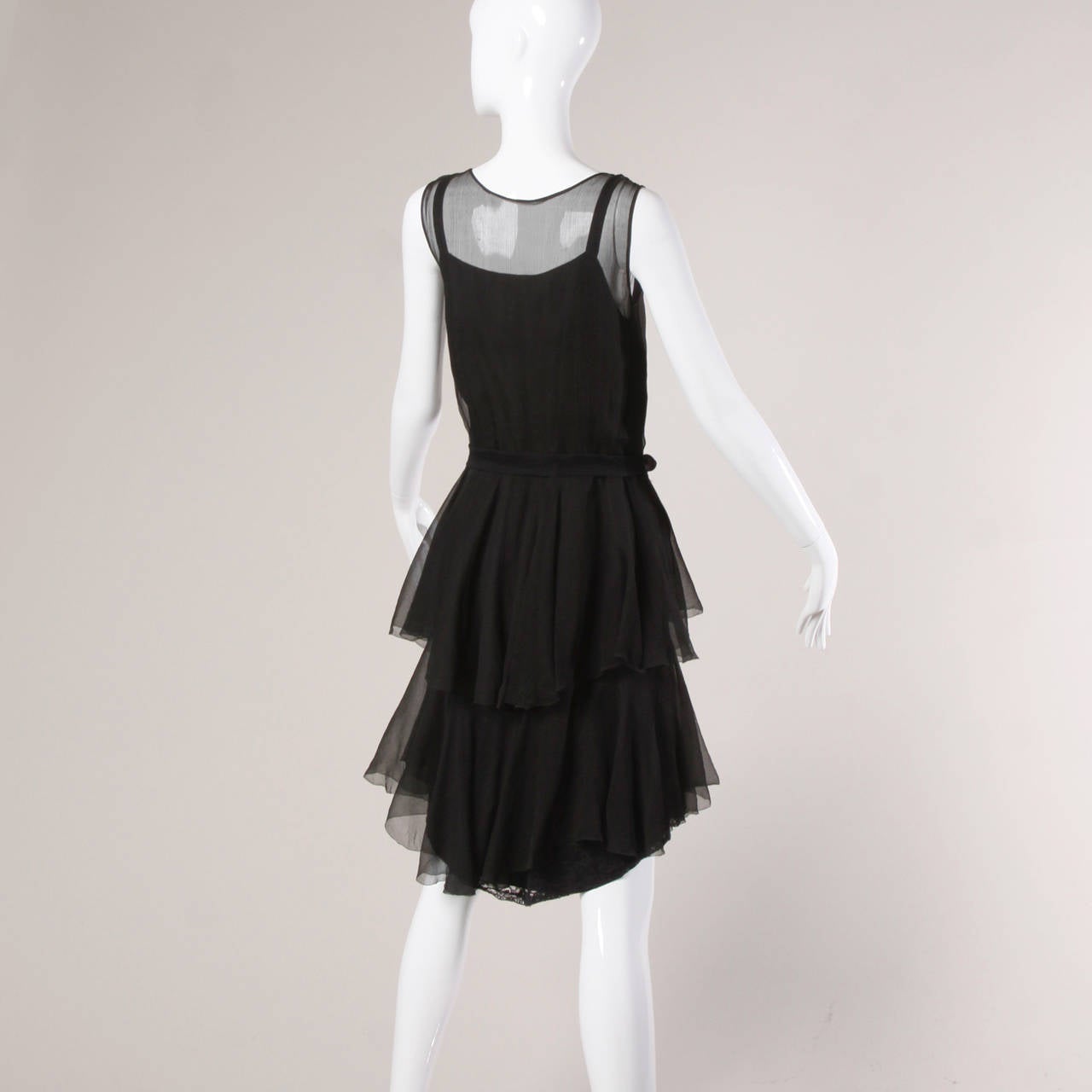 1920s Vintage Black Silk Chiffon Flapper Dress with Rhinestone Belt In Excellent Condition For Sale In Sparks, NV