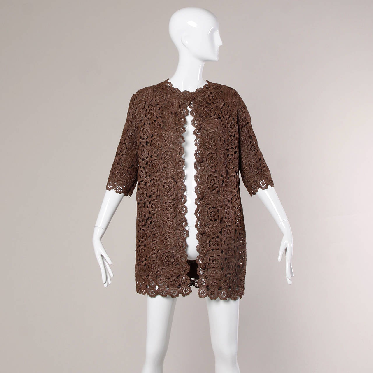 Women's 1960s Brown Scalloped Hand Crochet Raffia Lace Jacket or Coat For Sale