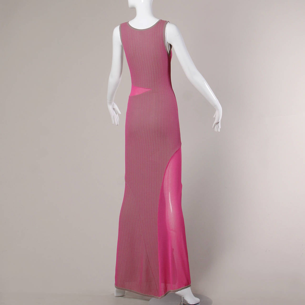 Herve Leger 1990s 90s Pink + Gray Knit Cut Out Sheer Mesh Bandage Maxi Dress For Sale 2