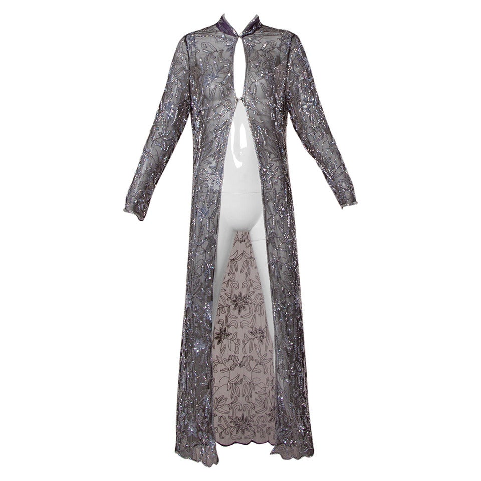 Silk Chiffon + Glass Beaded Kimono Duster Jacket or Maxi Coat at 1stDibs
