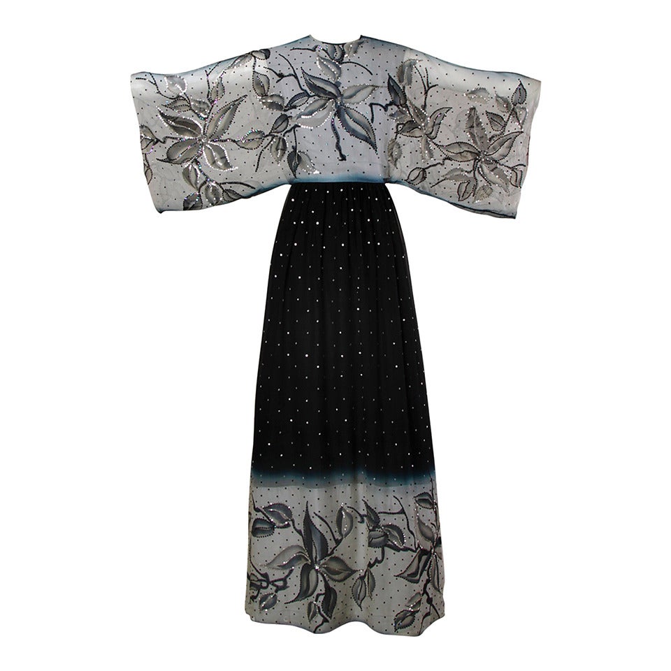 1970s Vintage Hand Painted Silk Ombre Silk Gown with Sequin