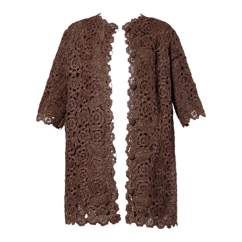 1960s Brown Scalloped Hand Crochet Raffia Lace Jacket or Coat For Sale