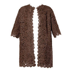 1960s Brown Scalloped Hand Crochet Raffia Lace Jacket or Coat