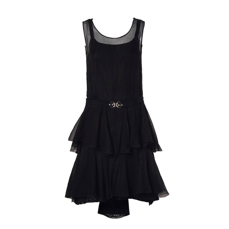 1920s Vintage Black Silk Chiffon Flapper Dress With Rhinestone Belt 1920s Vintage Black Silk Chiffon Flapper Dress With Rhinestone Belt