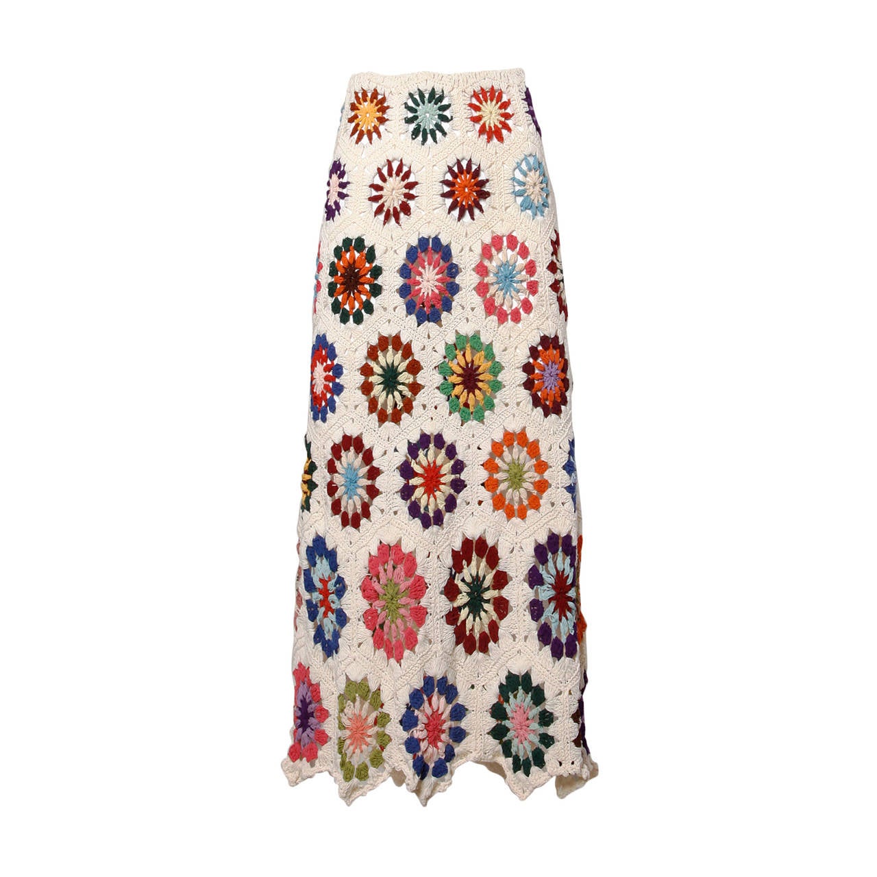 1970s Vintage Colorful Hand-Crochet Boho Maxi Skirt