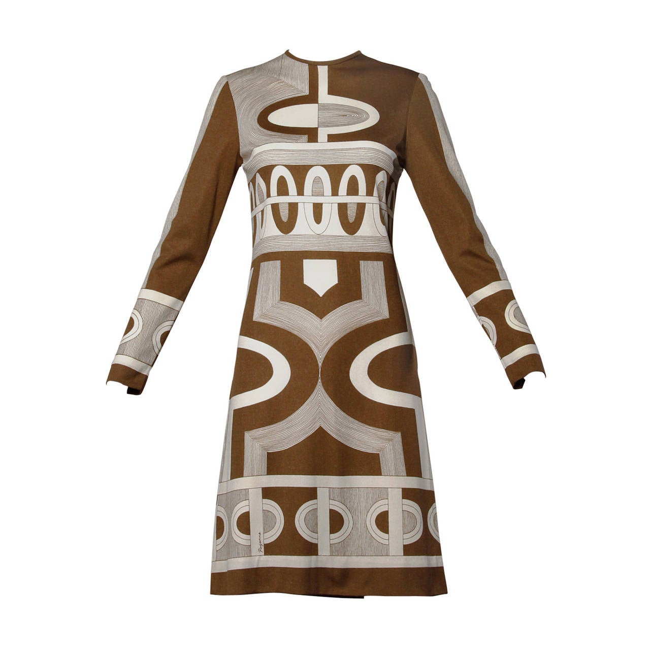 1960s Signed Paganne Vintage Brown Op Art Geometric Print Dress