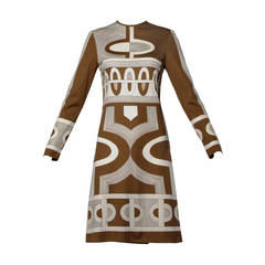 1960s Signed Paganne Retro Brown Op Art Geometric Print Dress