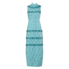 1960s Vintage Robin's Egg Blue Beaded Rhinestone Maxi Dress