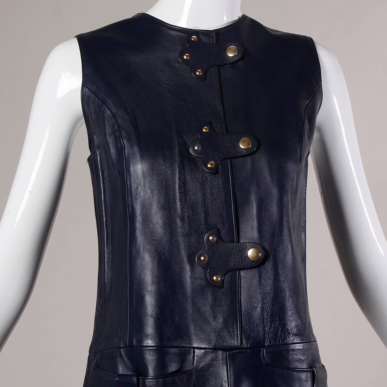 Monsac 1960s Vintage Navy Leather Shift Dress