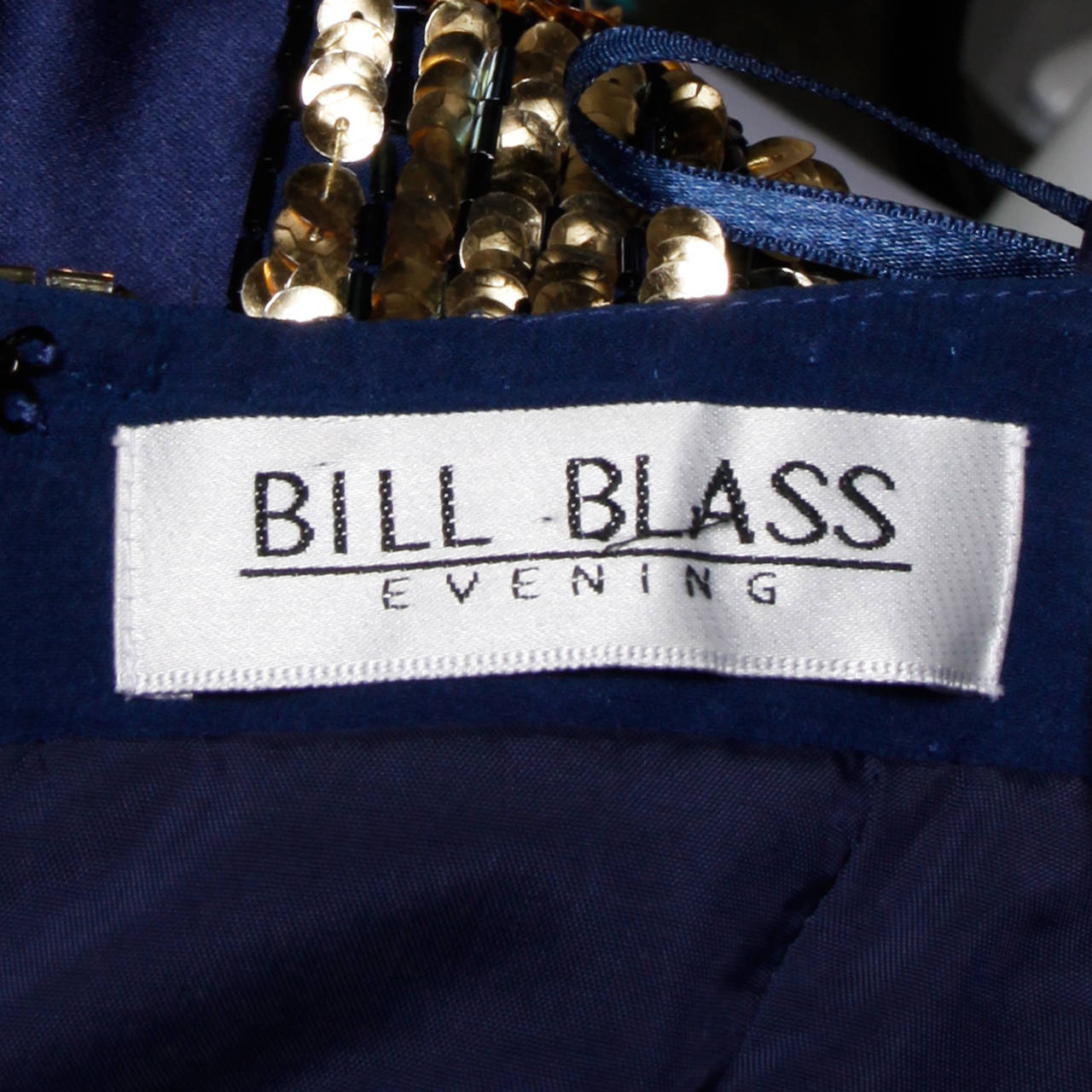 Bill Blass Vintage Metallic Gold & Blue Sequin + Beaded Cocktail Dress For Sale 2