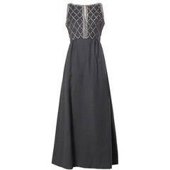 Malcolm Starr Vintage 1960s Gray Wool Rhinestone Embellished Maxi Dress