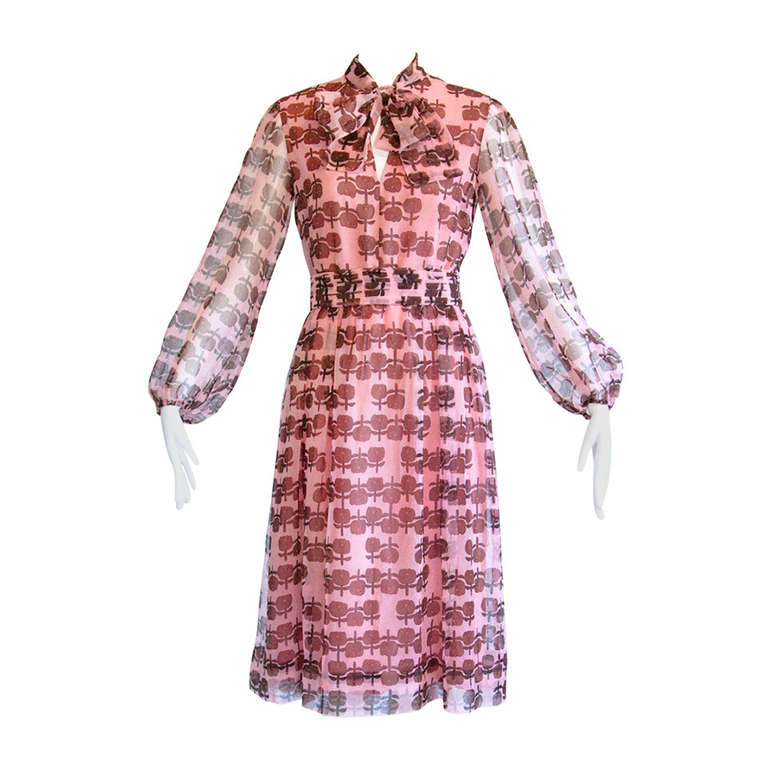 Helga Vintage 1970s 70s Sheer Floral Print Dress with Ascot Bow Tie