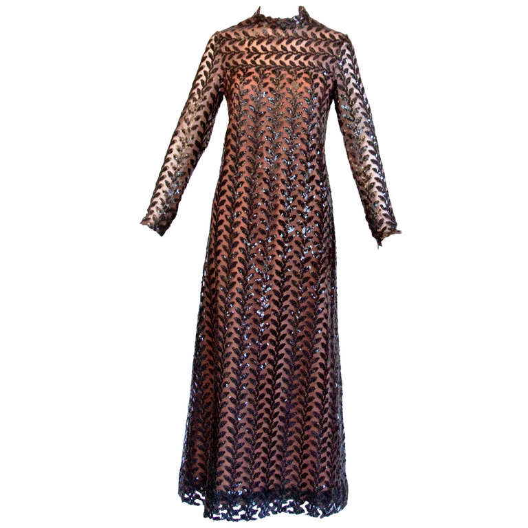 Richilene Vintage 1970s 70s Brown Silk + Sequin Sheer Maxi Dress/ Gown For Sale