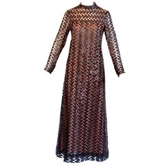 Richilene Vintage 1970s 70s Brown Silk + Sequin Sheer Maxi Dress/ Gown