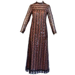 Richilene Vintage 1970s 70s Brown Silk + Sequin Sheer Maxi Dress/ Gown 1