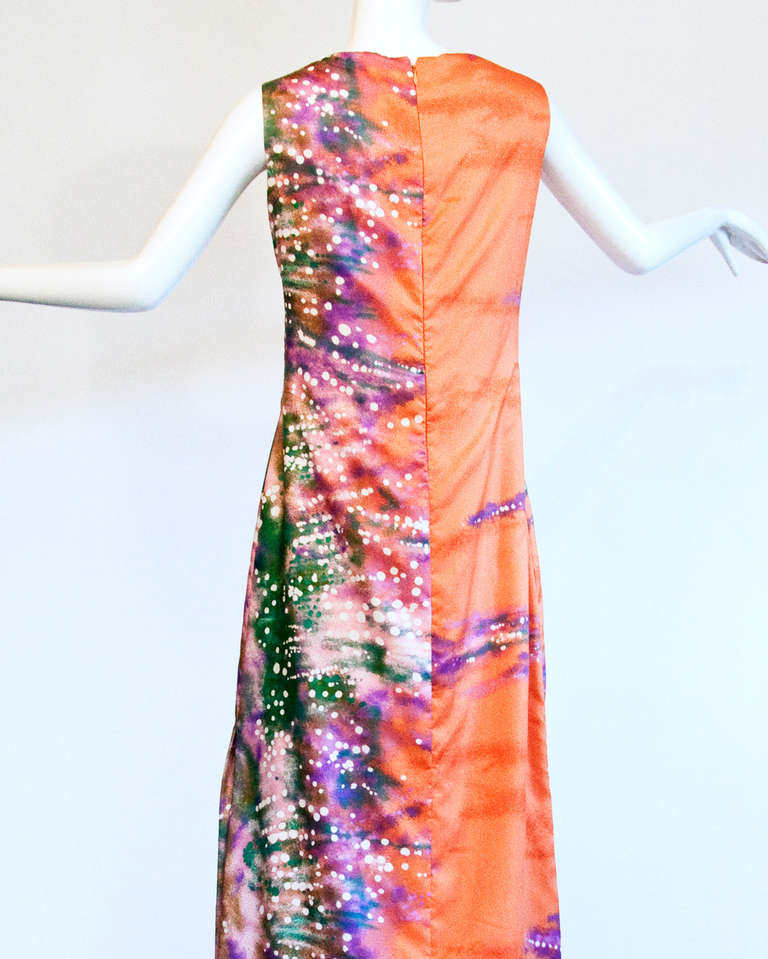 Teal Traina Vintage 1970s 70s Abstract Colorful Galaxy Print Silk Maxi Dress 1