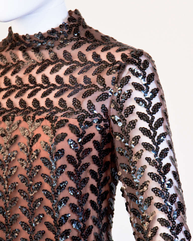 Richilene Vintage 1970s 70s Brown Silk + Sequin Sheer Maxi Dress/ Gown ...