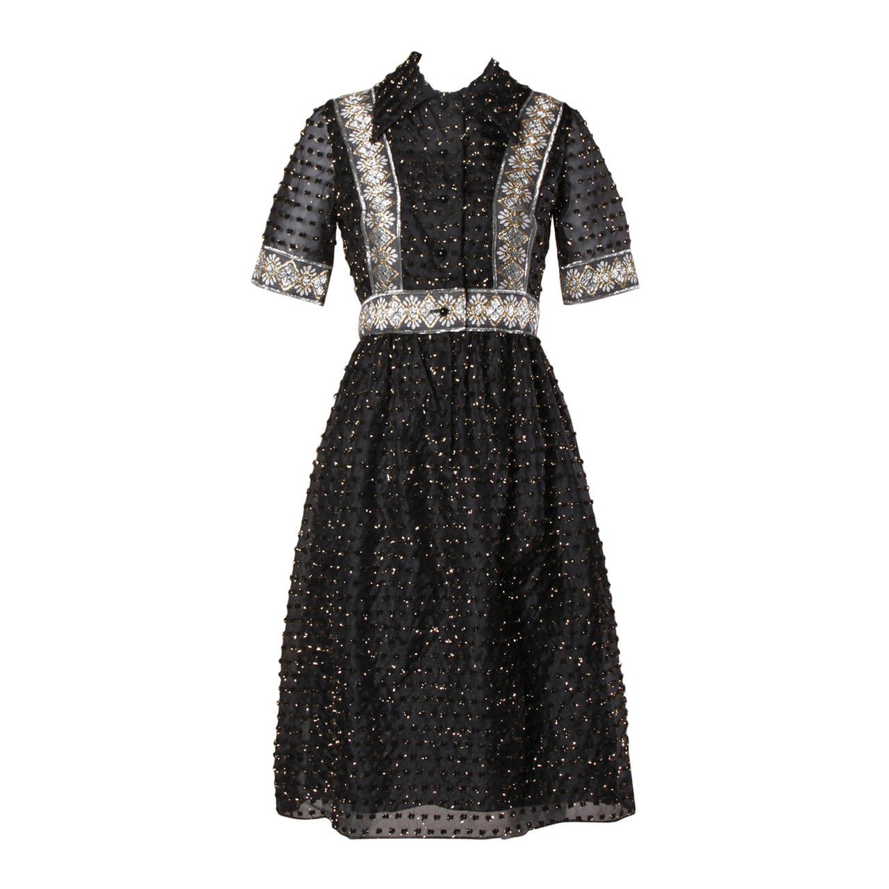 Oscar del la Renta Vintage 1960s Black Silk Metallic Eyelash Dress