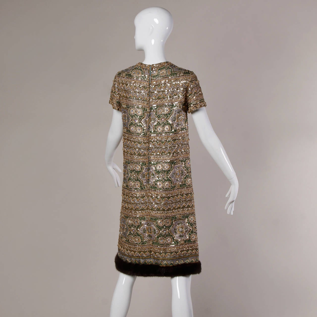 Women's 1960s Metallic Embellished Shift Dress with Mink Fur Trim